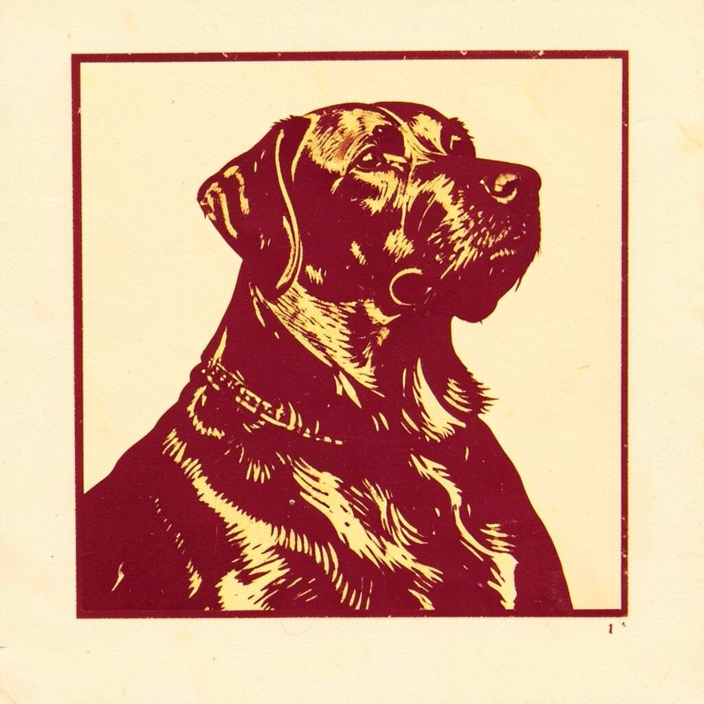 Carved linocut relief print of a dignified dog silhouette in deep burgundy and gold, set against a warm cream background, conveying a classic kennel club emblem feel.