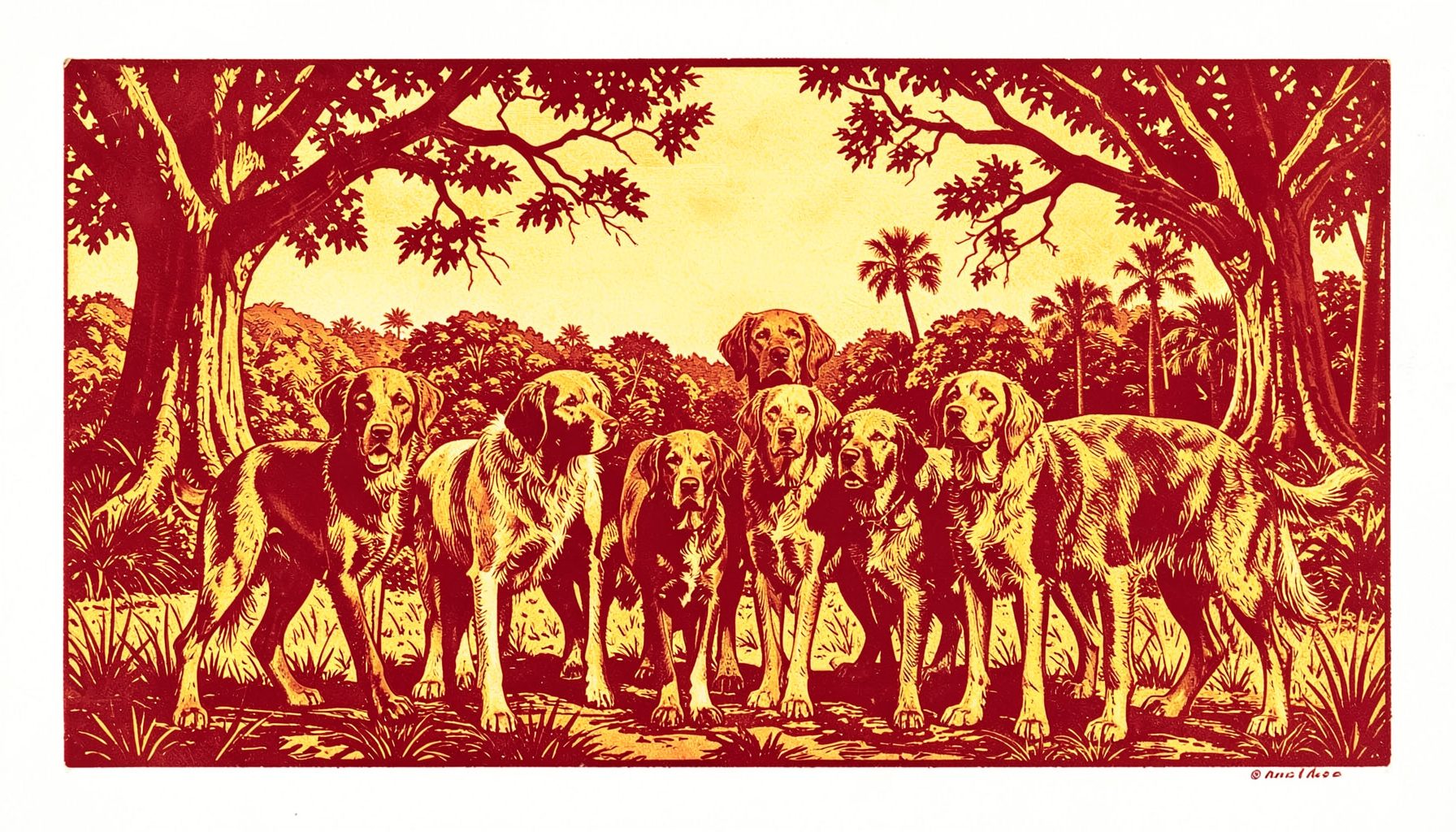 Carved linocut relief print of a group of dogs of varied breeds standing together in a sunny Florida landscape with oak trees, rendered in warm earth tones of ochre, rust, and olive.
