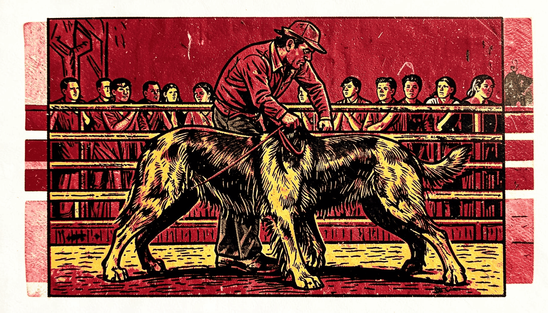 Carved linocut relief print of a handler and dog in a show ring, bold black lines with accents of gold and deep red, capturing the focus and partnership of conformation training.