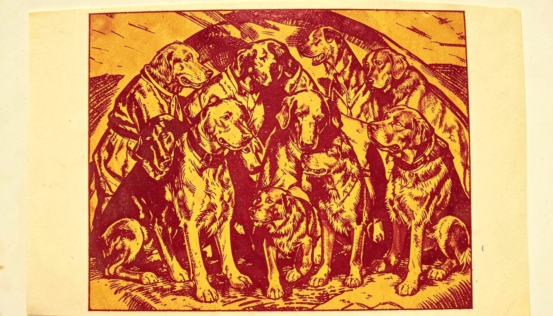 A carved linocut relief print of several dogs and their handlers gathered in a circle, rendered in warm ochre and deep brown tones
