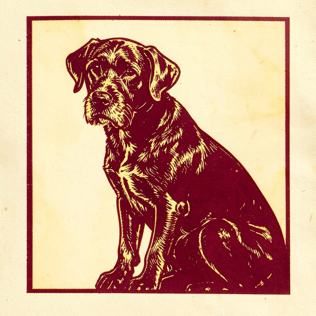 A carved linocut relief print of a dignified dog silhouette in deep burgundy and gold, set against a warm cream background
