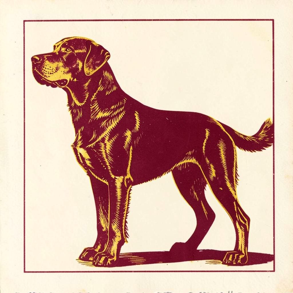 Carved linocut relief print of a proud standing dog silhouette in deep burgundy and gold against cream paper, conveying dignity and show-ring presence.