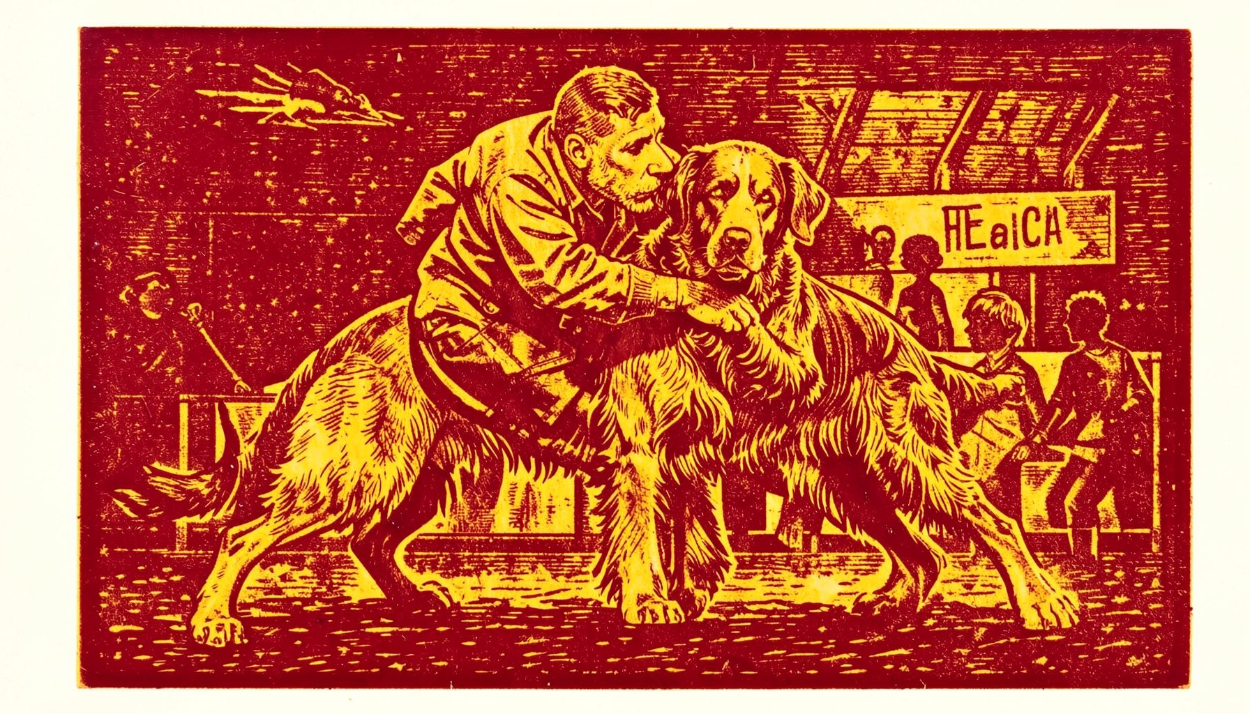 Carved linocut relief print of a handler and dog in a show stack pose, rendered in warm ochre and deep brown tones, capturing the partnership of conformation training.