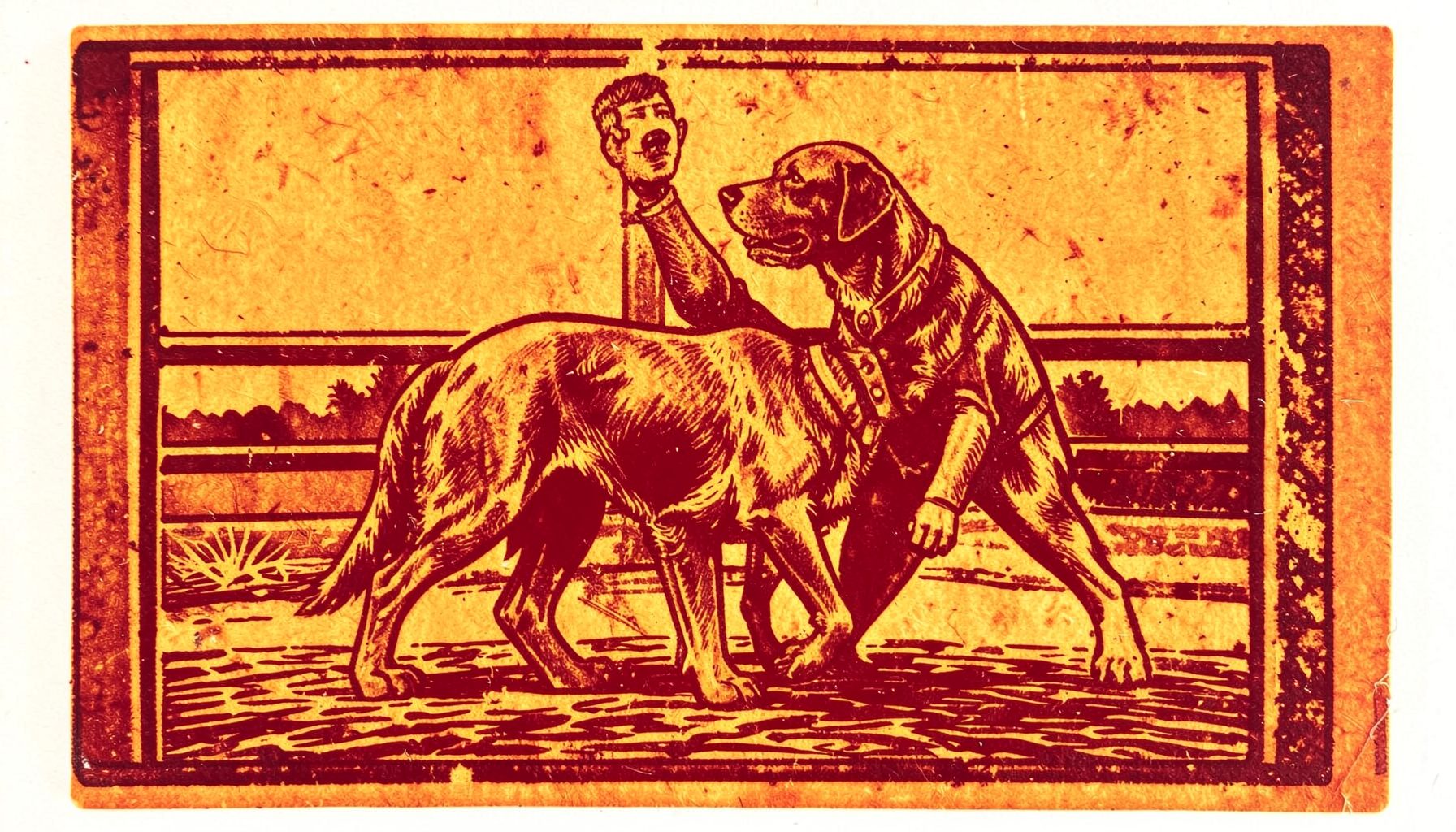 A carved linocut relief print of a dog and handler working together in a training ring, rendered in warm ochre and deep brown tones, with a calm and focused atmosphere.