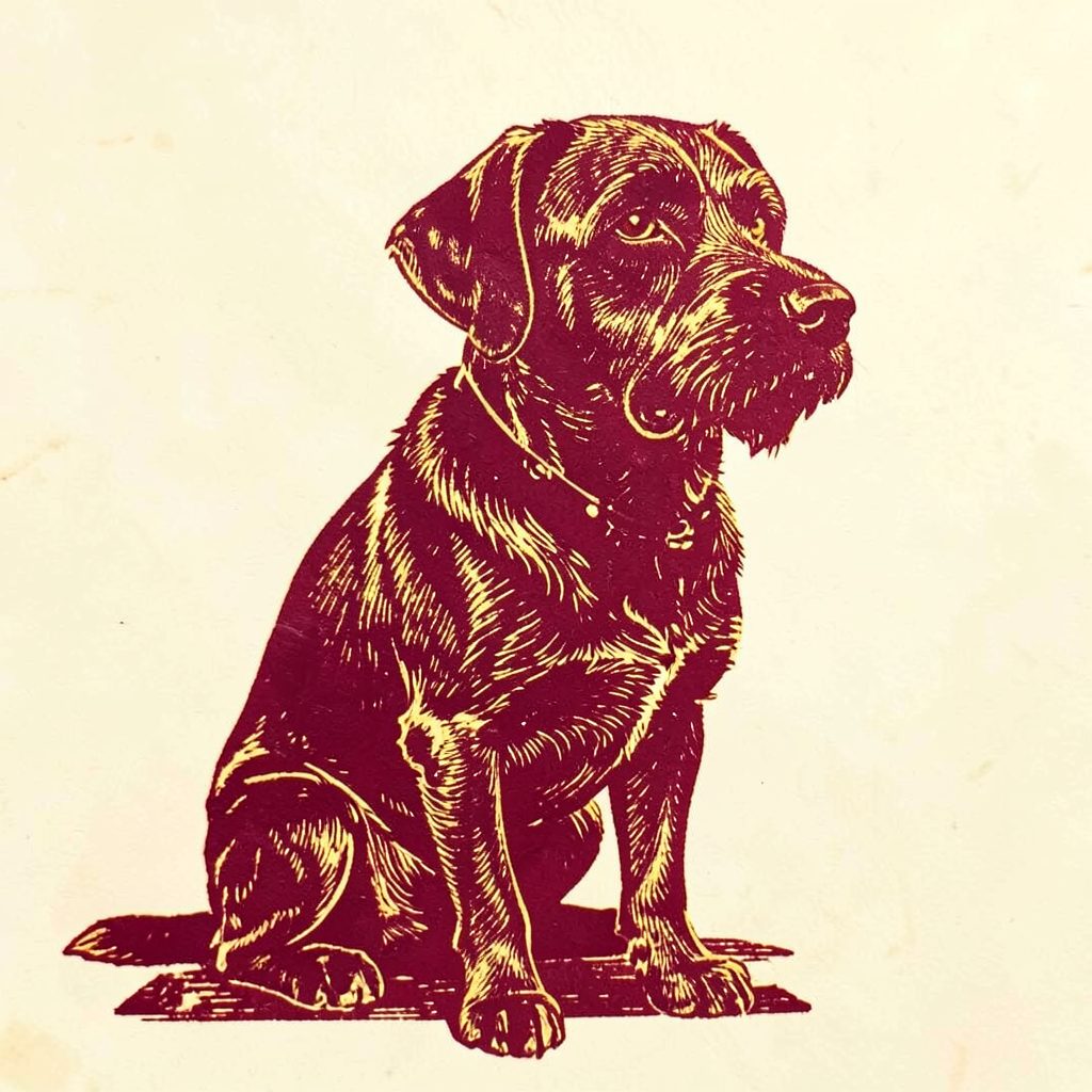 Linocut relief print of a dignified dog silhouette in deep burgundy and gold against a cream background, with a warm rustic feel.