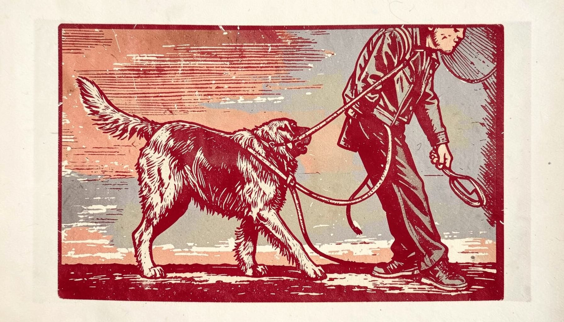 Linocut relief print of a dog walking attentively on a leash beside a handler, in muted terracotta, slate gray, and cream, with strong carved lines and a warm atmosphere.