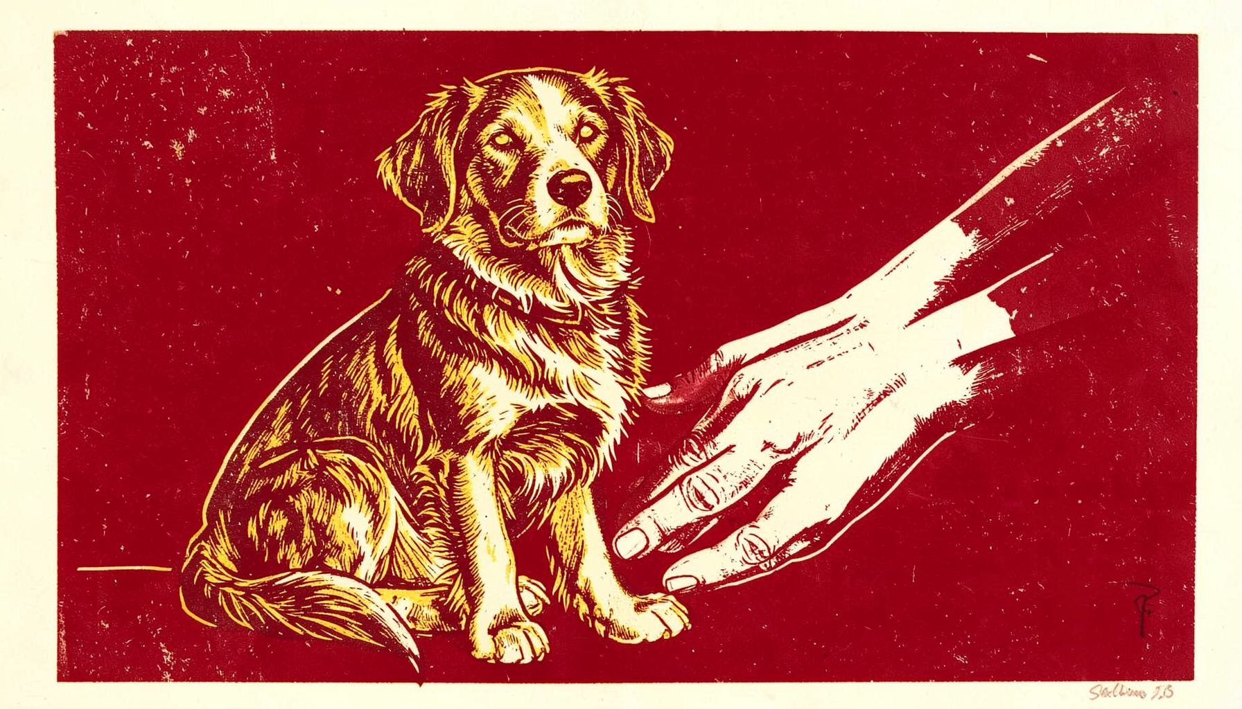 Linocut relief print of a calm dog sitting beside a pair of gentle hands, rendered in warm ochre, deep brown, and cream tones, conveying trust and companionship.