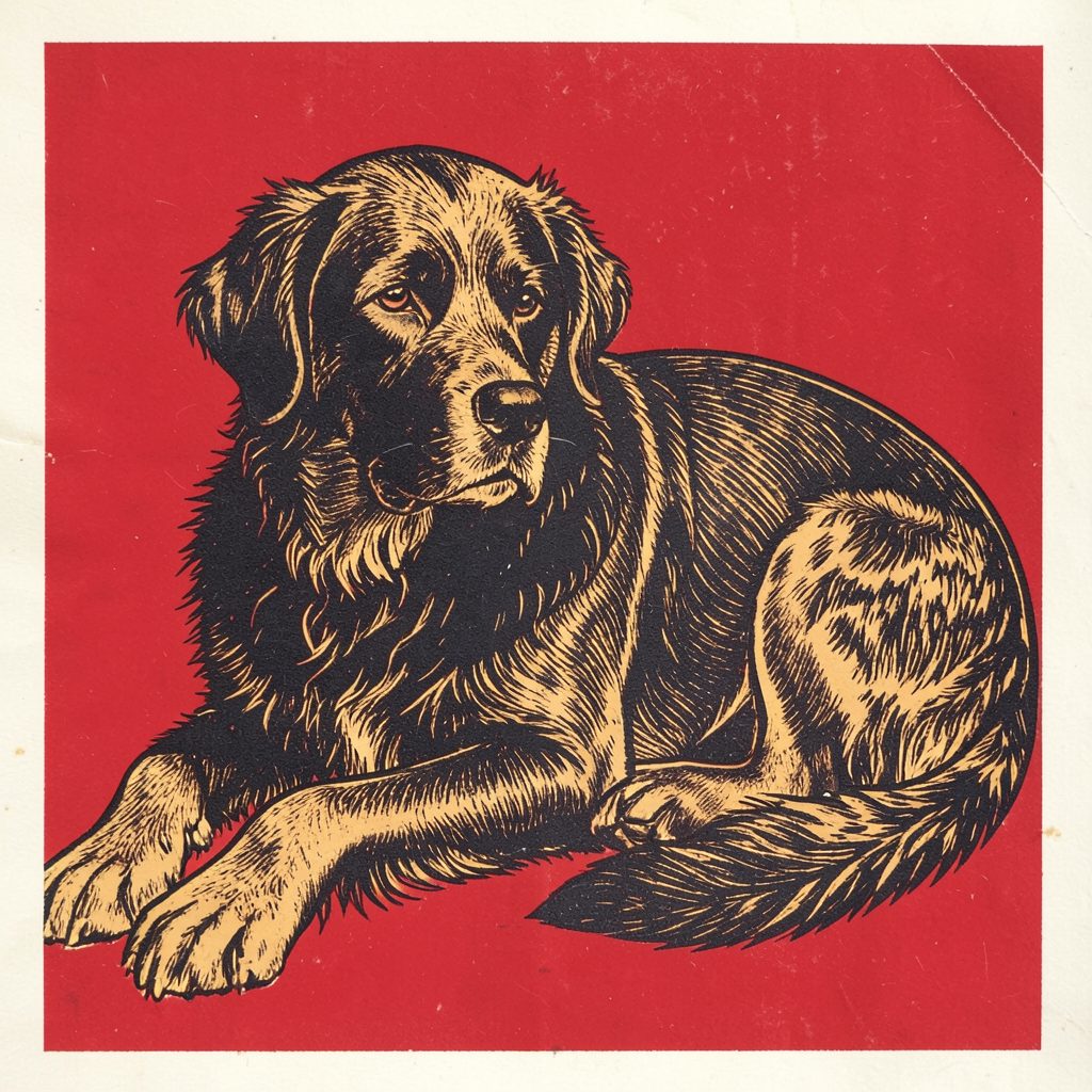 A carved linocut relief print of a calm, larger dog with a thick coat, in deep charcoal and warm tan, resting with a relaxed expression.