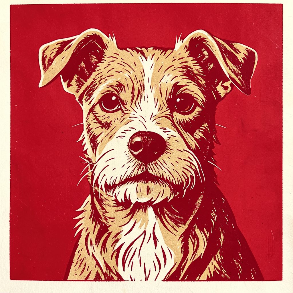 A carved linocut relief print of a medium-sized terrier-mix dog with alert ears, in sandy brown and cream tones, looking gentle and approachable.