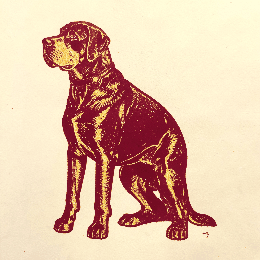 A carved linocut relief print of a dignified dog silhouette in deep burgundy and gold against a cream background, conveying warmth and community spirit.