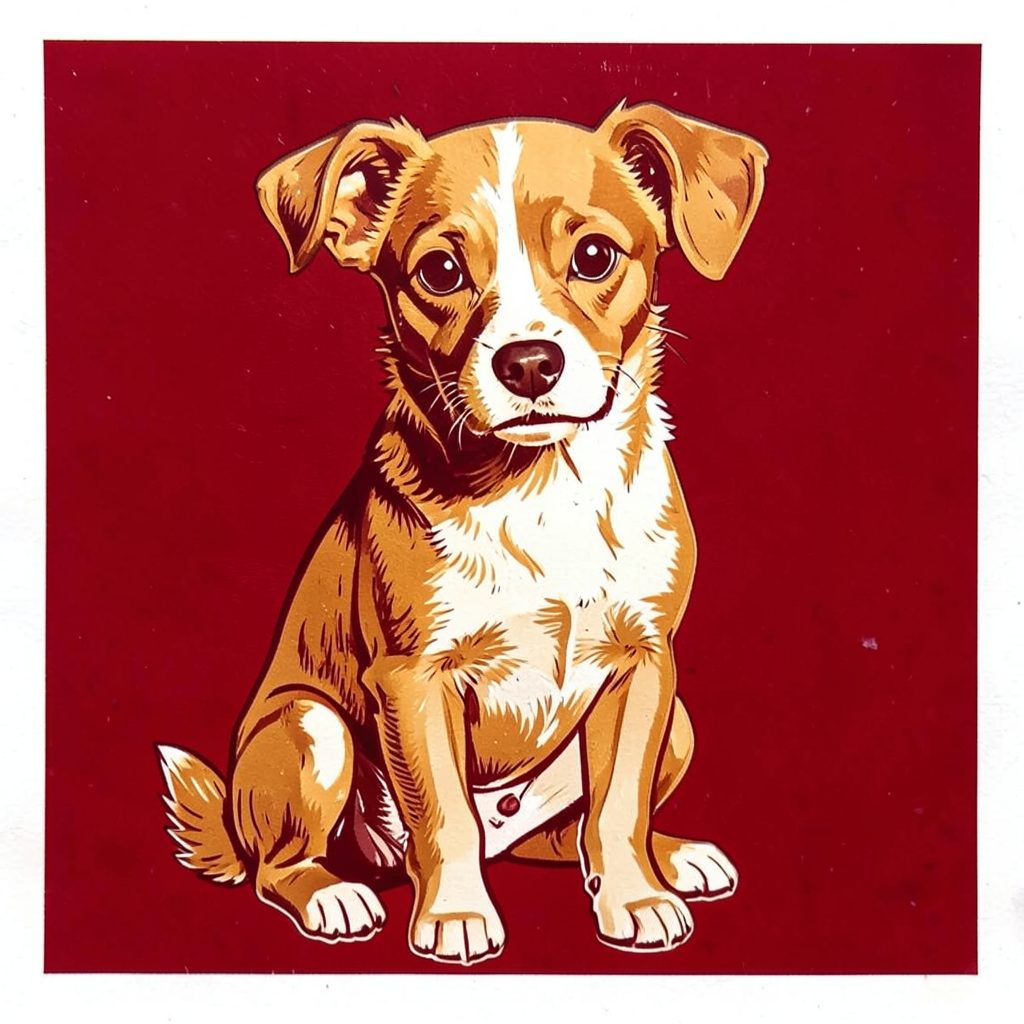 A carved linocut relief print of a small, bright-eyed dog with a smooth coat, in warm caramel and ivory tones, sitting attentively.