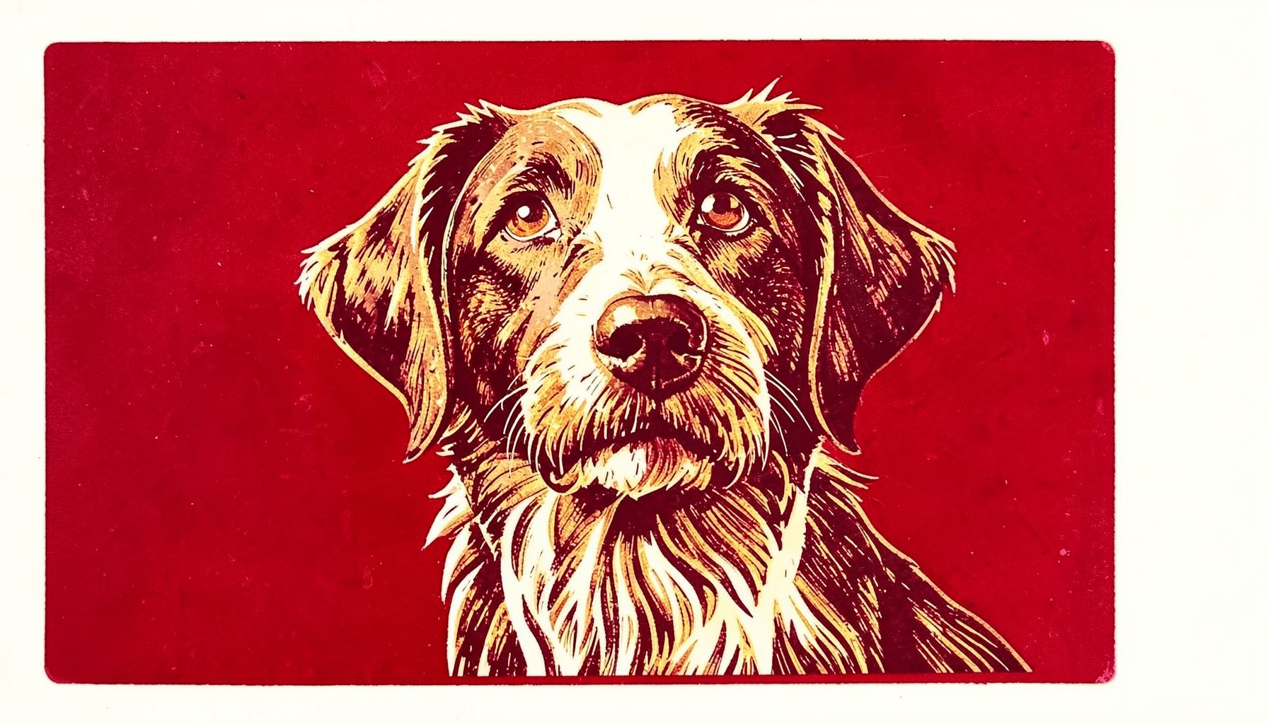 A carved linocut relief print of a friendly mixed-breed dog looking hopefully upward, rendered in warm browns and creams with soft golden highlights.