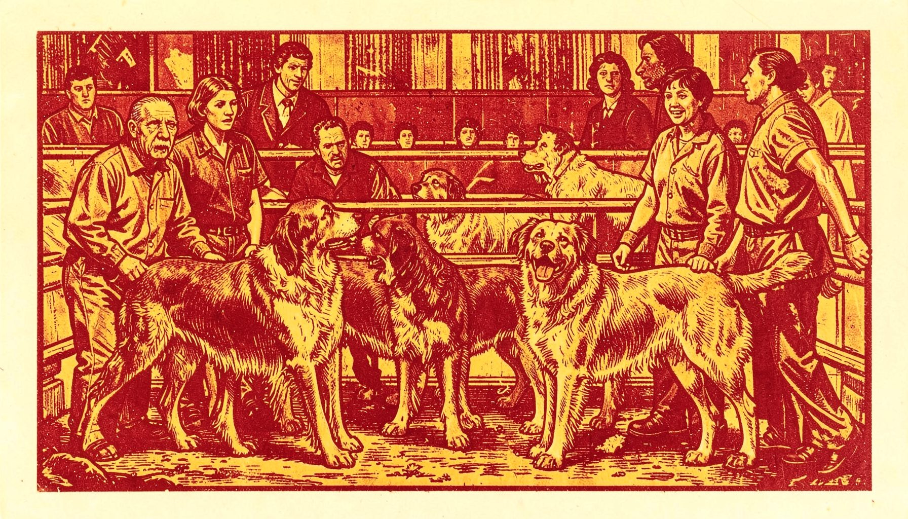 Carved linocut relief print of several dogs in a show ring, handlers at their sides, warm ochre and deep brown against cream paper, lively and energetic composition
