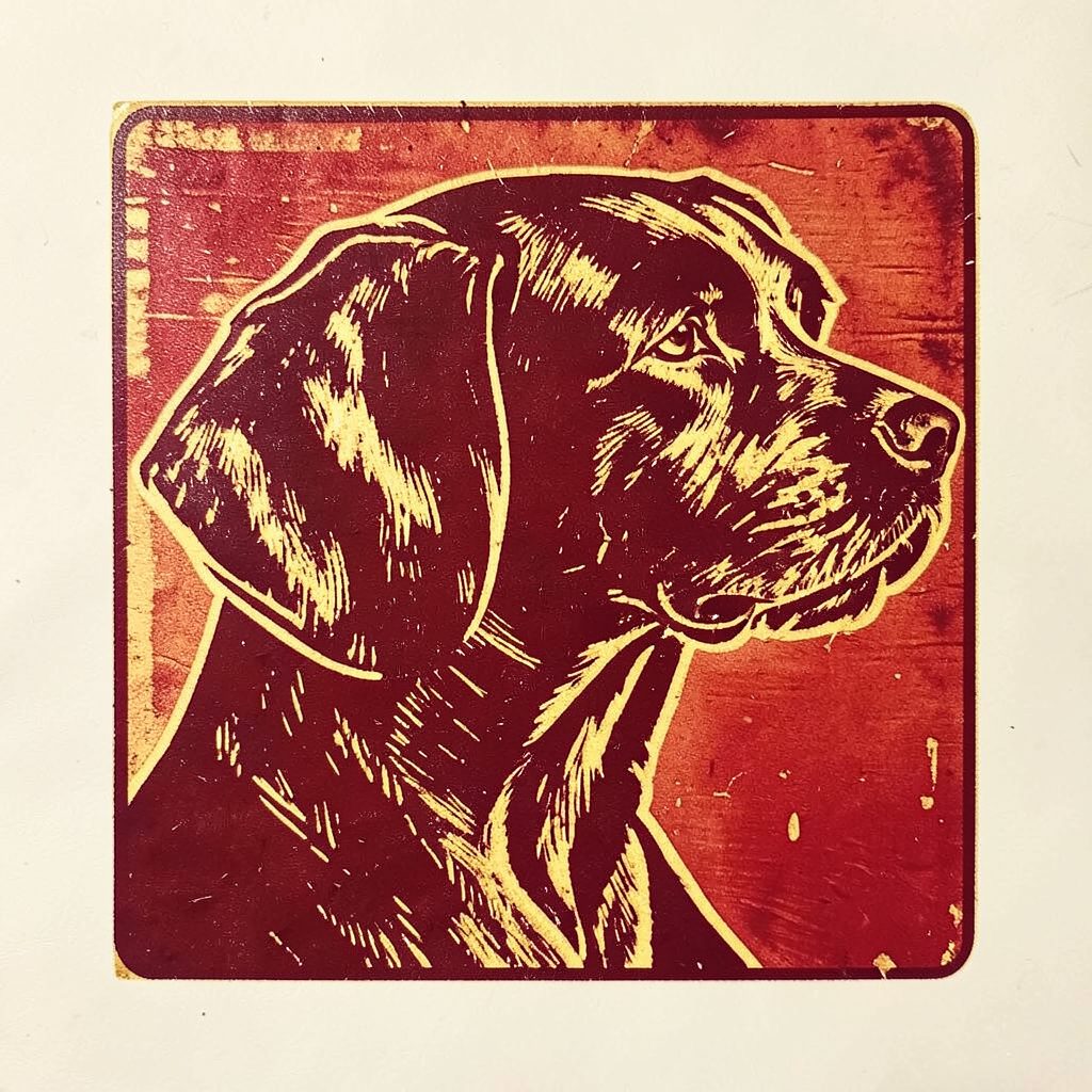 Carved linocut relief print of a dignified dog silhouette in profile, deep burgundy and gold on cream, strong graphic lines and warm earthy tones
