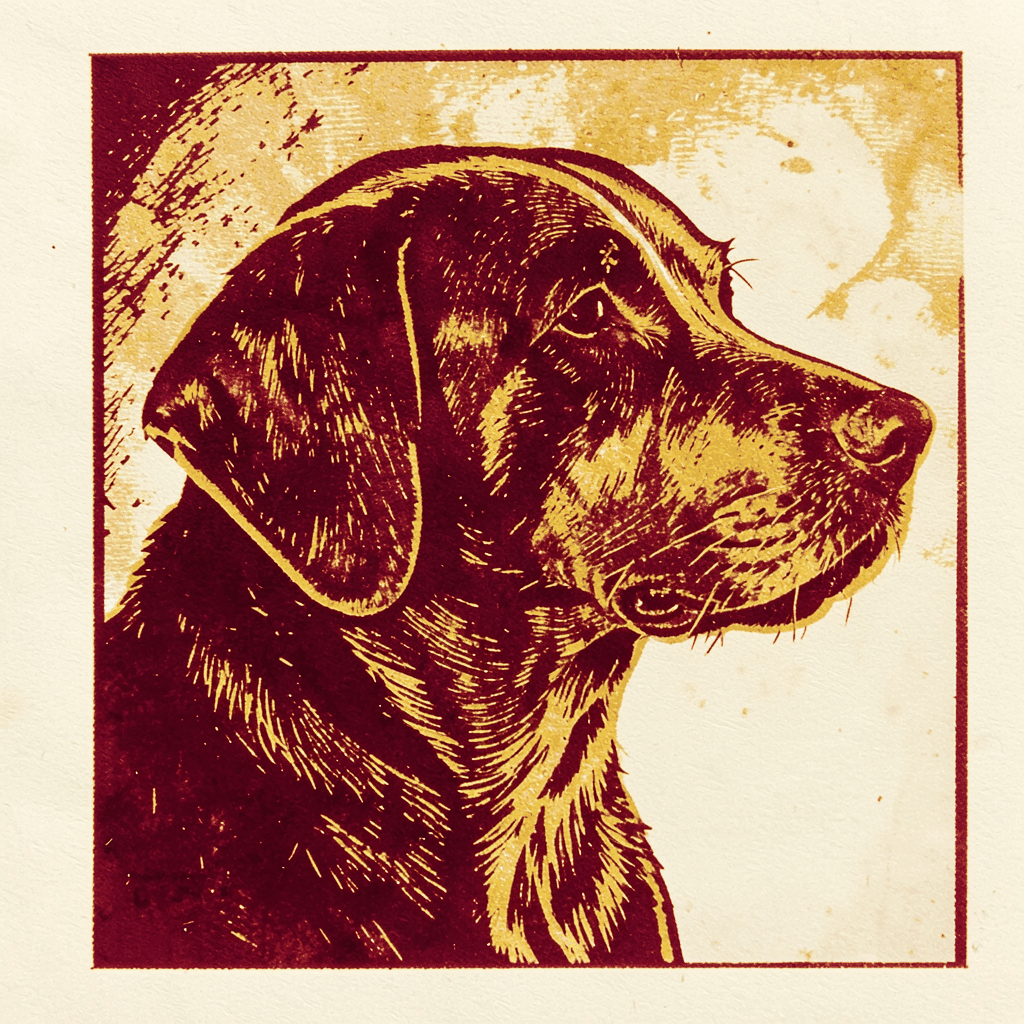Linocut relief print of a dignified dog silhouette in profile, deep burgundy and gold on cream paper, with a warm hand-inked texture