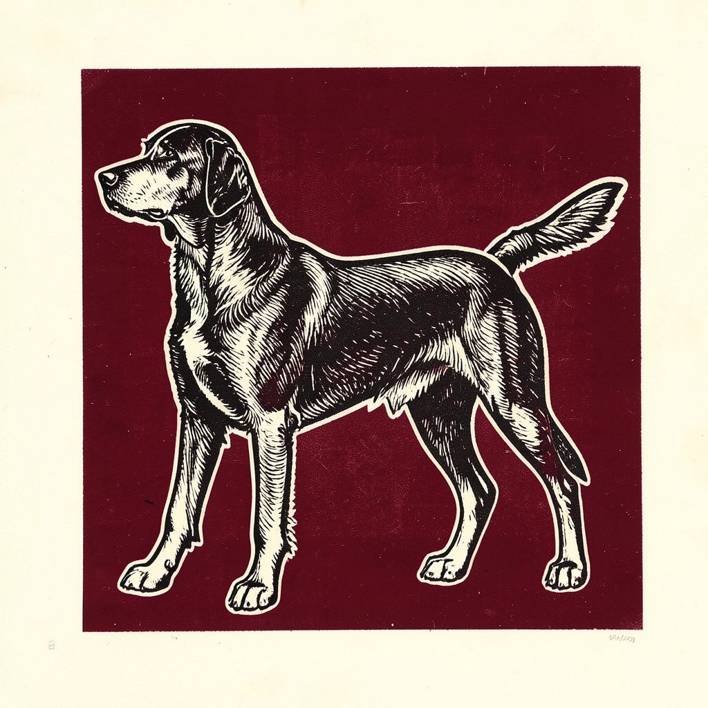 Carved linocut relief print of a standing dog in profile, bold black lines on a deep burgundy and cream background, calm and dignified mood