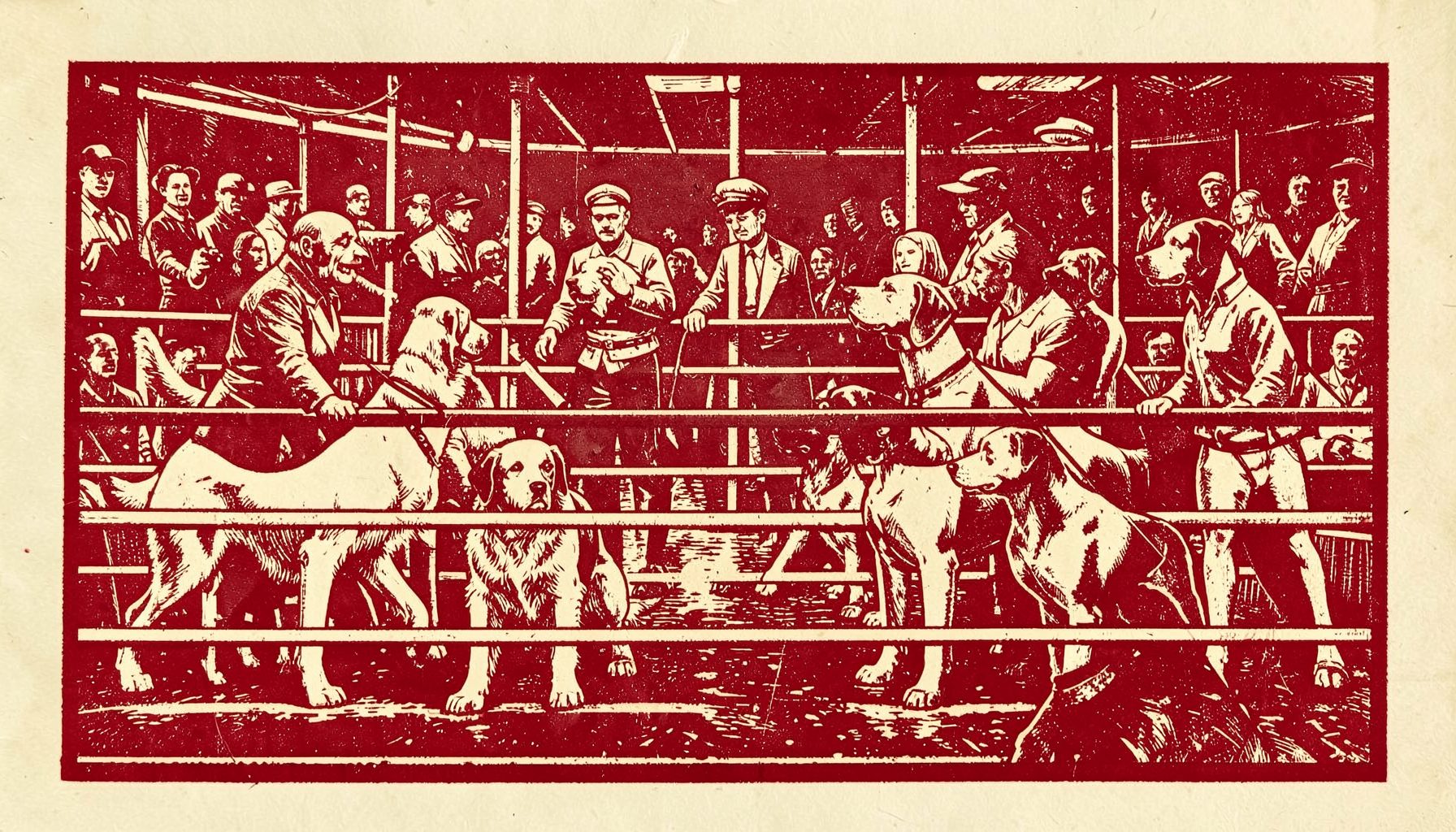 Carved linocut relief print of a dog show ring scene with handlers and dogs in bold cream and burgundy tones, warm community mood