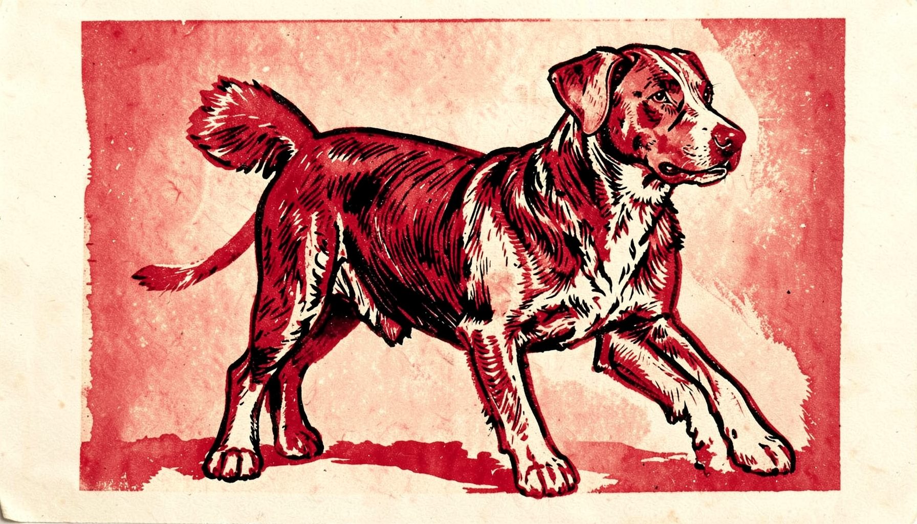 Carved linocut relief print of a dog posed for conformation showing, thick black outlines on warm cream tones, dignified mood