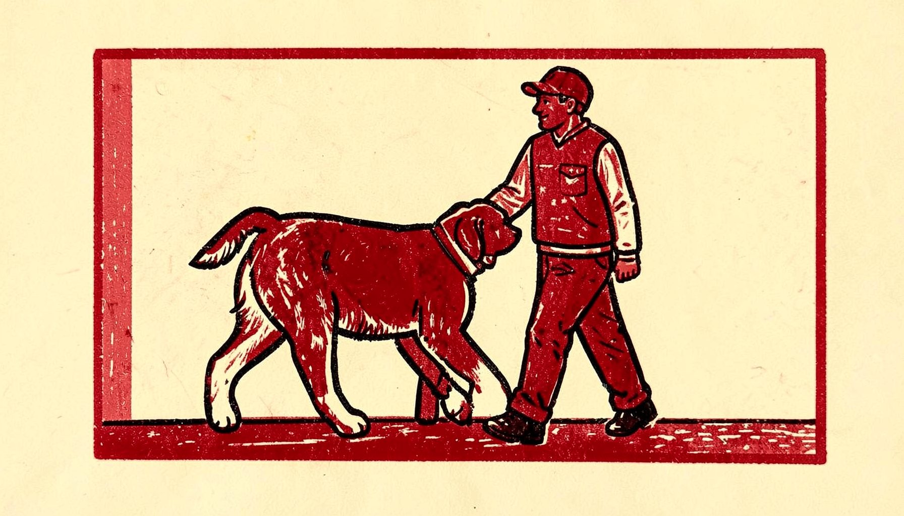 Carved linocut relief print of a dog and handler walking together, thick black outlines on a warm cream background, friendly mood