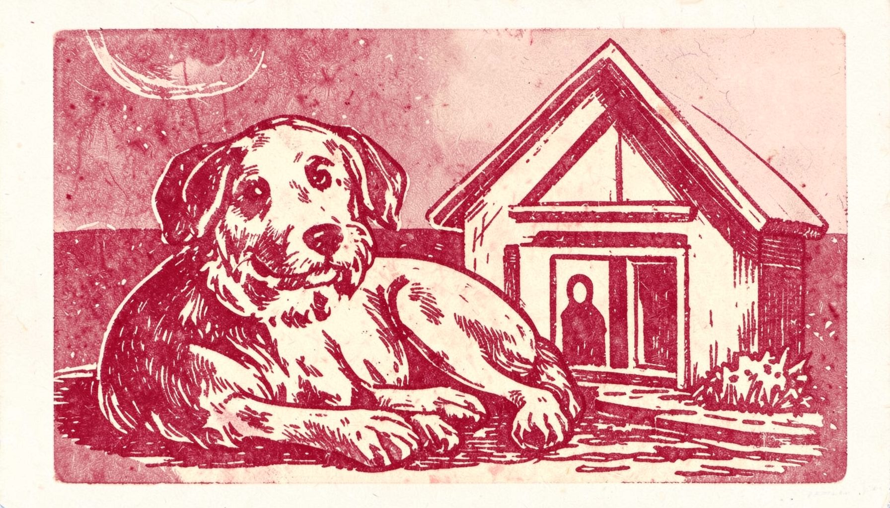 Carved linocut relief print of a dog resting beside a small house shape, soft burgundy and cream tones, gentle mood